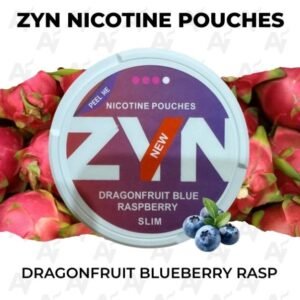ZYN Dragonfruit Blueberry Raspberry nicotine pouches can displaying 6mg 9mg and 14mg strength options on a plain background
