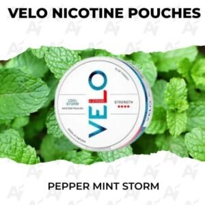 Can of VELO Nicotine Pouches Pepper Mint Storm 14mg with 20 slim portions