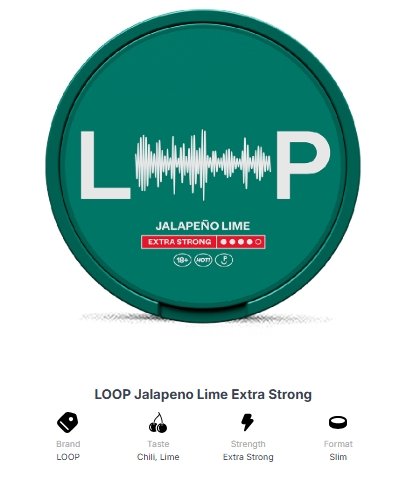 LOOP Jalapeno Lime Extra Strong Nicotine Pouches | loop pouches australia shop jalapeno lime extra strong.jpg Can of LOOP Jalapeno Lime Extra Strong all white nicotine pouches from Loop pouches Australia shop | loop pouches australia shop jalapeno lime extra strong.jpg