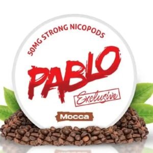 Can of PABLO Exclusive Mocca nicotine pouches showing 30mg per pouch and coffee bean graphics on slim white portions | pablo exclusive mocca nicotine pouches 50mg.jpg