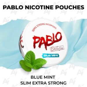 Front view of PABLO Nicotine Pouches Blue Mint 30mg can showing intense blue mint label.
