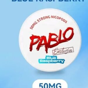 Front view of PABLO Exclusive Blue Raspberry nicotine pouch can featuring 30mg per pouch and 50mg per gram labels. | pablo nicotine pouches blue raspberry 30mg 50mg can.jpg