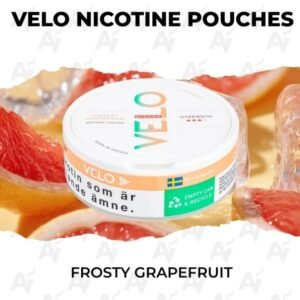 Front view of VELO Frosty Grapefruit 14mg nicotine pouch can with pink grapefruit and ice design. | velo frosty grapefruit 14mg nicotine pouches australia.jpg