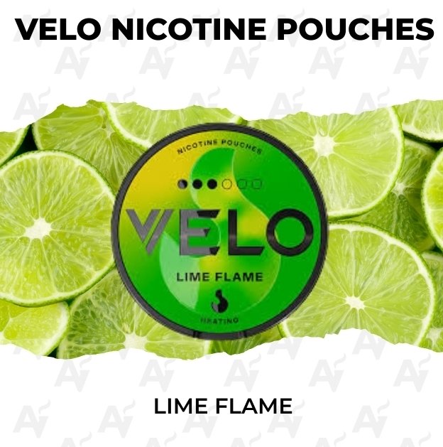 VELO Lime Flame 14mg Nicotine Pouches Australia Front view of a VELO Lime Flame 14mg nicotine pouch can with vibrant green and yellow heating graphics. | velo lime flame 14mg nicotine pouches australia.jpg