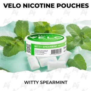 VELO Witty Spearmint 14mg tobacco-free nicotine pouches can showing slim white pouches