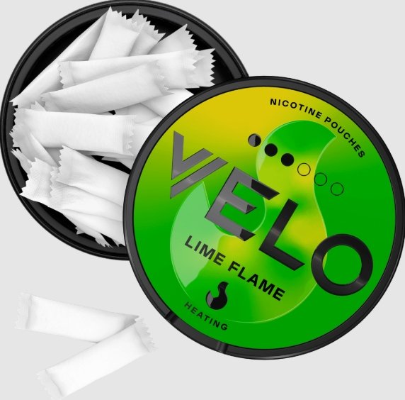 Open Can of VELO Lime Flame 14mg Slim Pouches An open can showing 20 clean, all-white VELO Lime Flame 14mg slim pouches inside.