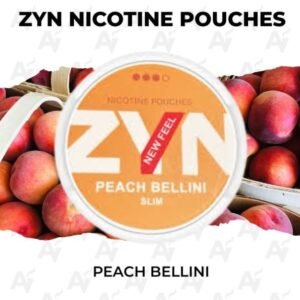 ZYN Peach Bellini 12.5mg nicotine pouches can showing white pouches on a clean white background. | zyn nicotine pouches peach bellini 12 5mg can australia.jpg