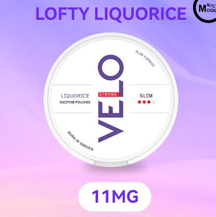 VELO Mini Moist Lofty Liquorice 11mg Can VELO Mini Moist Lofty Liquorice 11mg can top view for Australian orders | buy velo mini moist lofty liquorice australia