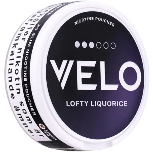 VELO Lofty Liquorice Mini Pouches Discreet all white mini moist liquorice nicotine pouches beside VELO can | velo mini moist lofty liquorice 11mg can (1)